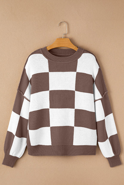 Green checkered exposed seam drop shoulder sweater with checkered knit, exposed seam details and relaxed drop shoulders, women’s boutique fashion