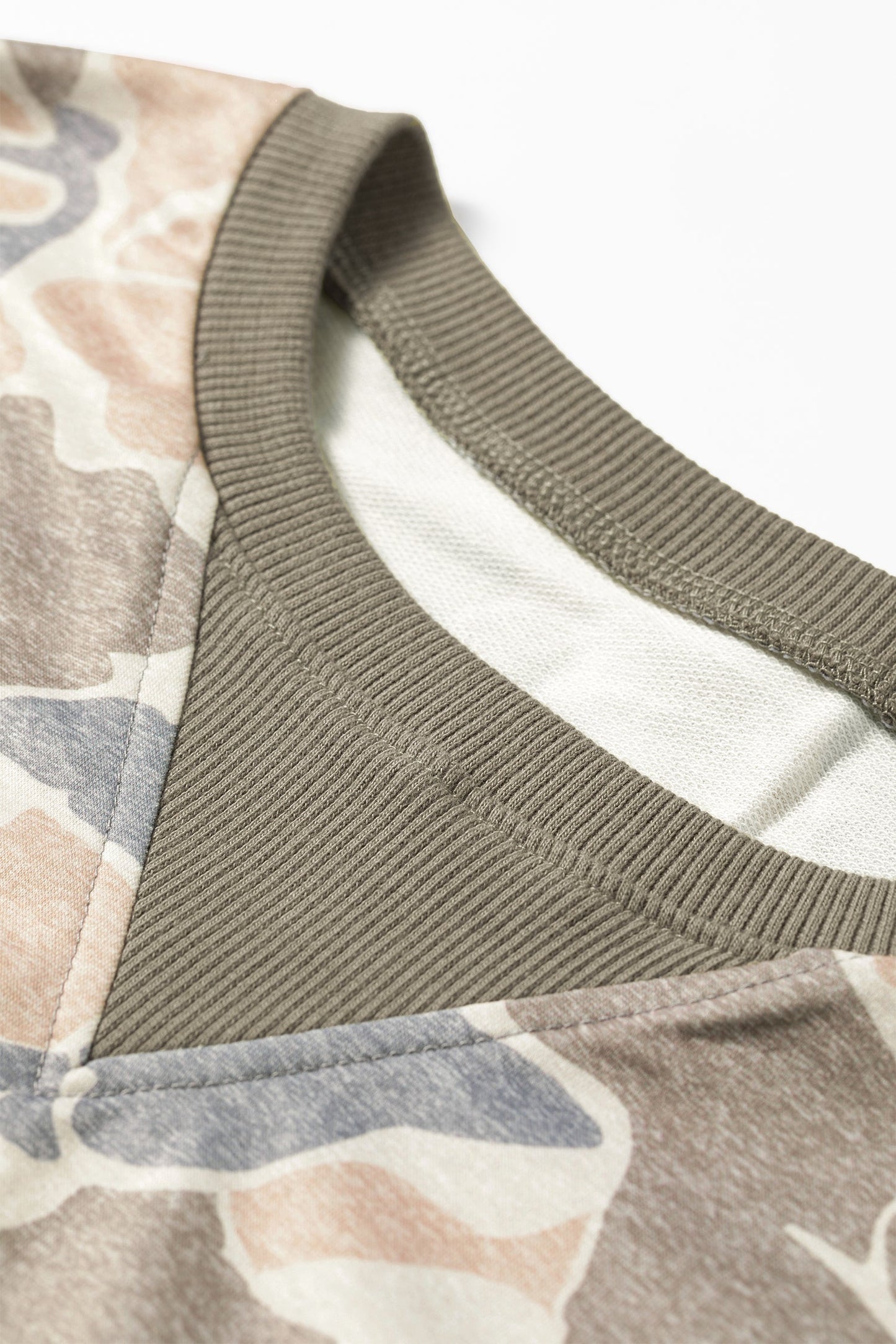 Multicolour Camo Ribbed Trim Crew Neck Sweatshirt with a crew neckline, ribbed trim, and casual camo style, boutique fashion