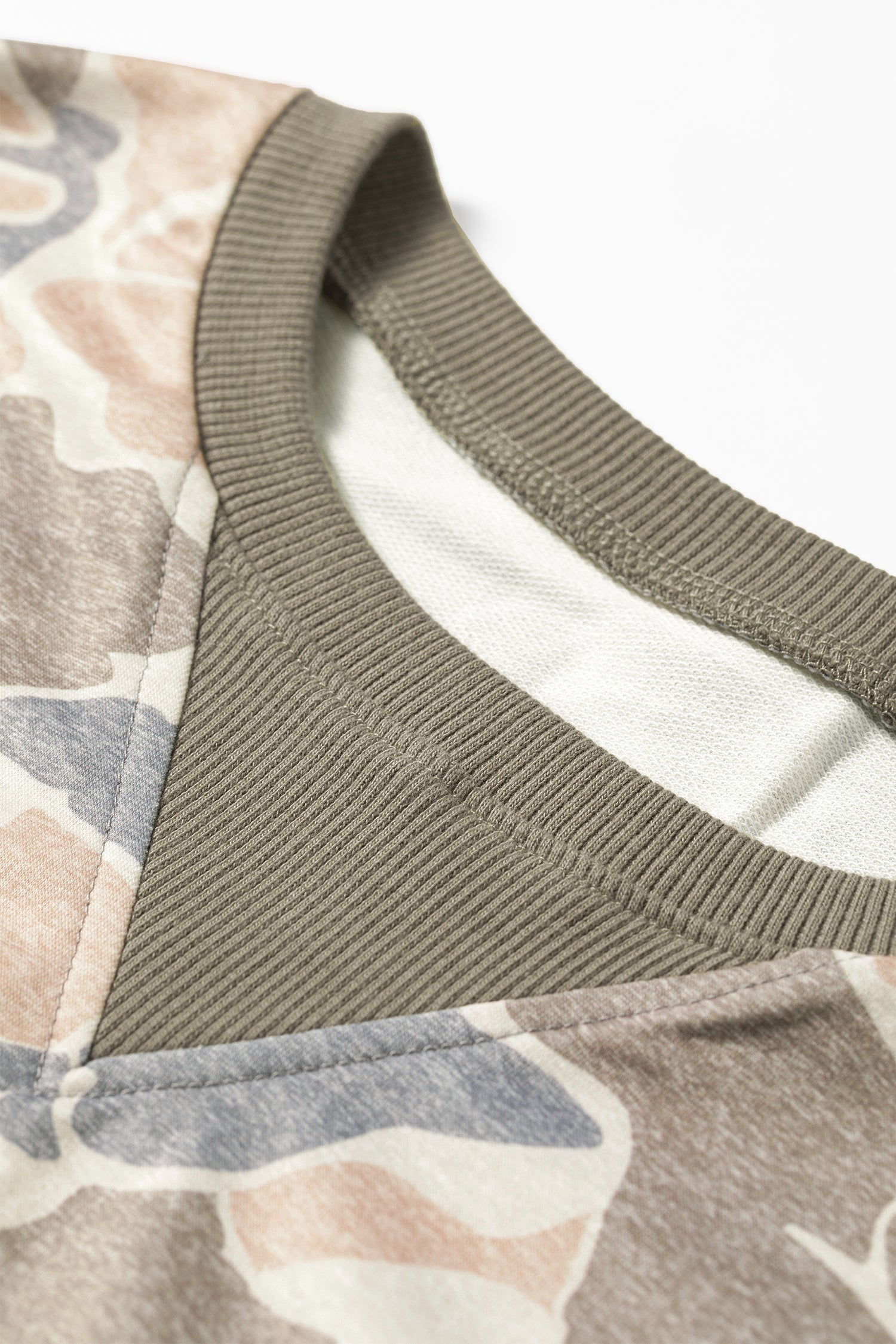 Multicolour Camo Ribbed Trim Crew Neck Sweatshirt with a crew neckline, ribbed trim, and casual camo style, boutique fashion