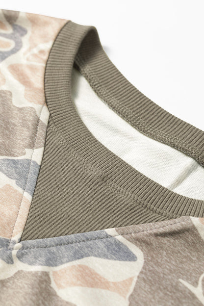 Multicolour Camo Ribbed Trim Crew Neck Sweatshirt with a crew neckline, ribbed trim, and casual camo style, boutique fashion