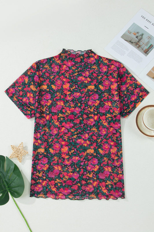 Plus size rose floral mesh short sleeve top with sheer fitted boutique styling