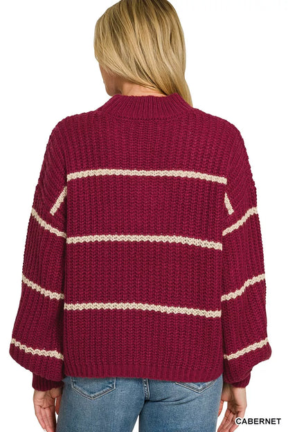 Oversized cabernet striped sweater with soft knit fabric, ribbed trim, relaxed boutique fall style view 3