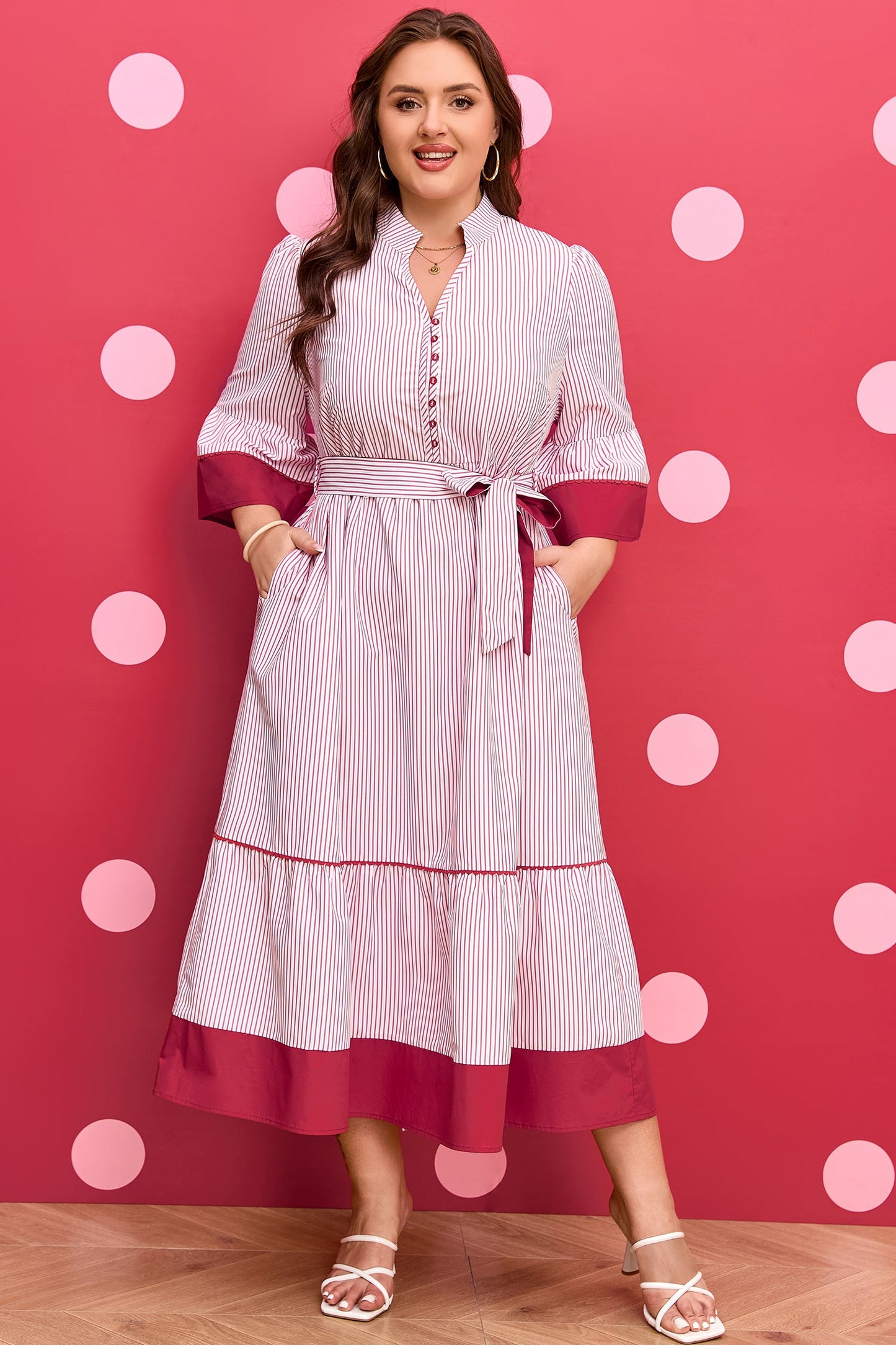 Charlee Hem Pinstriped Midi PLUS Dress boutique clothing from Mollie Mae Boutique