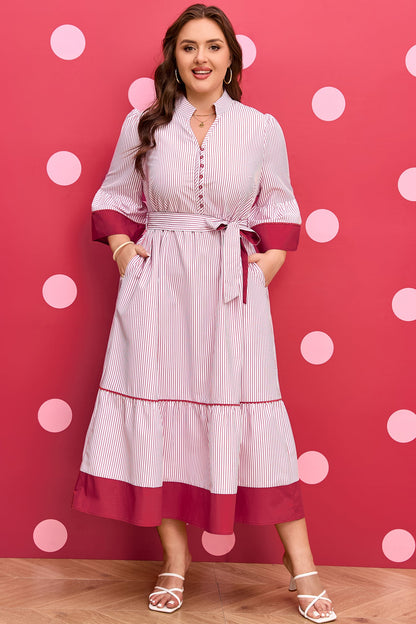 Charlee Hem Pinstriped Midi PLUS Dress boutique clothing from Mollie Mae Boutique
