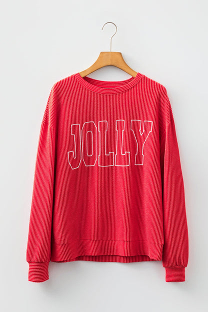 evergreen MERRY JOLLY Christmas long sleeve corded boutique top