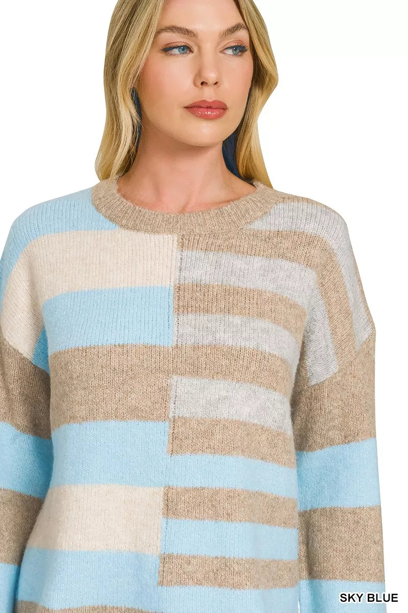 Sky blue color block wool blend sweater with ribbed trim and relaxed fit - view 4