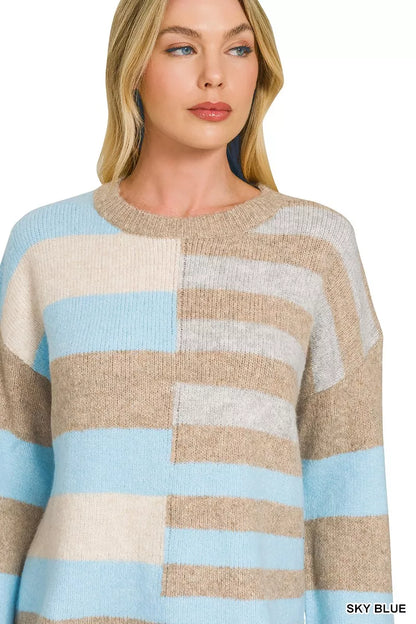 Sky blue color block wool blend sweater with ribbed trim and relaxed fit - view 4