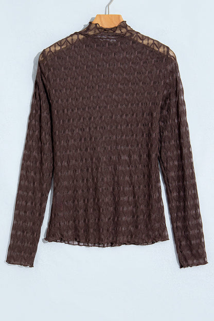 Chicory Coffee Solid Sheer Textured Lace Mock Neck Long Sleeve Top with sheer lace and mock neck women's boutique fashion