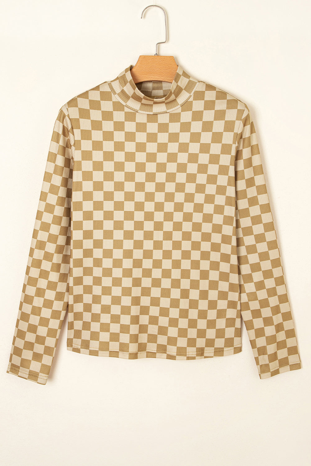 Khaki checker ribbed knit turtleneck long sleeve top with fitted boutique style