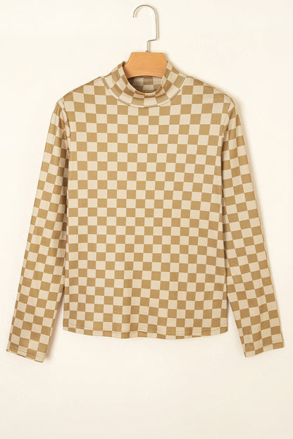 Khaki checker ribbed knit turtleneck long sleeve top with fitted boutique style