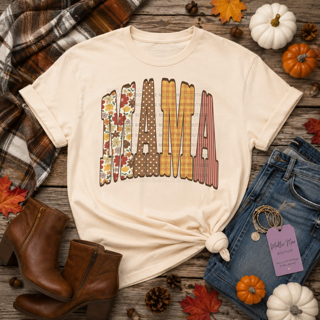 MAMA Fall Patchwork Graphic Tee or Crewneck Sweatshirt