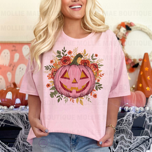 Pink Floral Jack O’ Lantern Graphic Tee – Gildan Light Pink