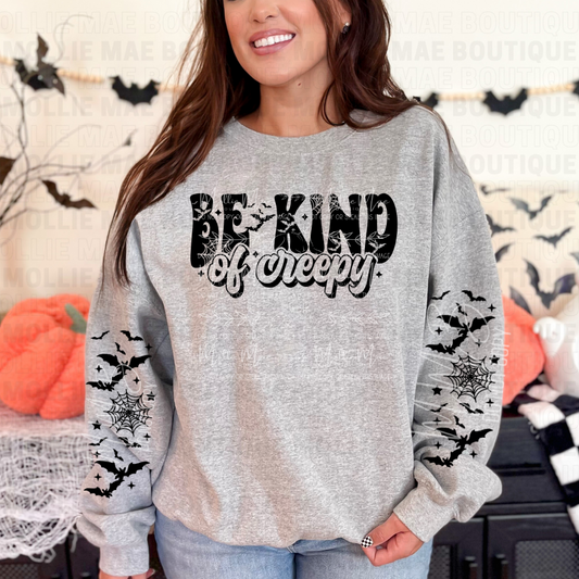 Be Kind of Creepy – Halloween Bat Sleeve Crewneck or Tee