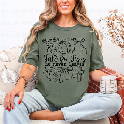 Fall for Jesus He Never Leaves – Doodle Graphic Tee