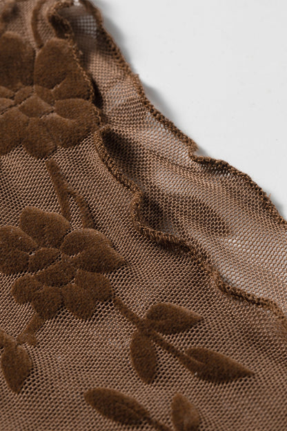 Apricot Floral Velvet Burnout Mesh Long Sleeve Top with floral detail and mesh texture women's boutique fashion