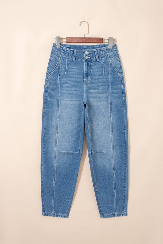Sky Blue medium wash high waist barrel leg jeans with medium wash denim, high waist and relaxed barrel-leg silhouette, women’s boutique fashion