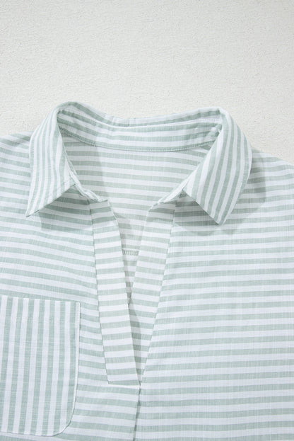 Stripe Collared V-Neck Chest Pocket Swim Cover Up