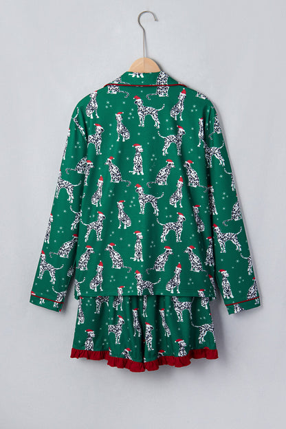 green Christmas Dalmatian pajama set with button top and shorts boutique loungewear