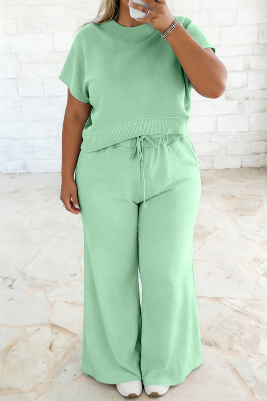Plus Size Solid Top & Drawstring Pants Set
