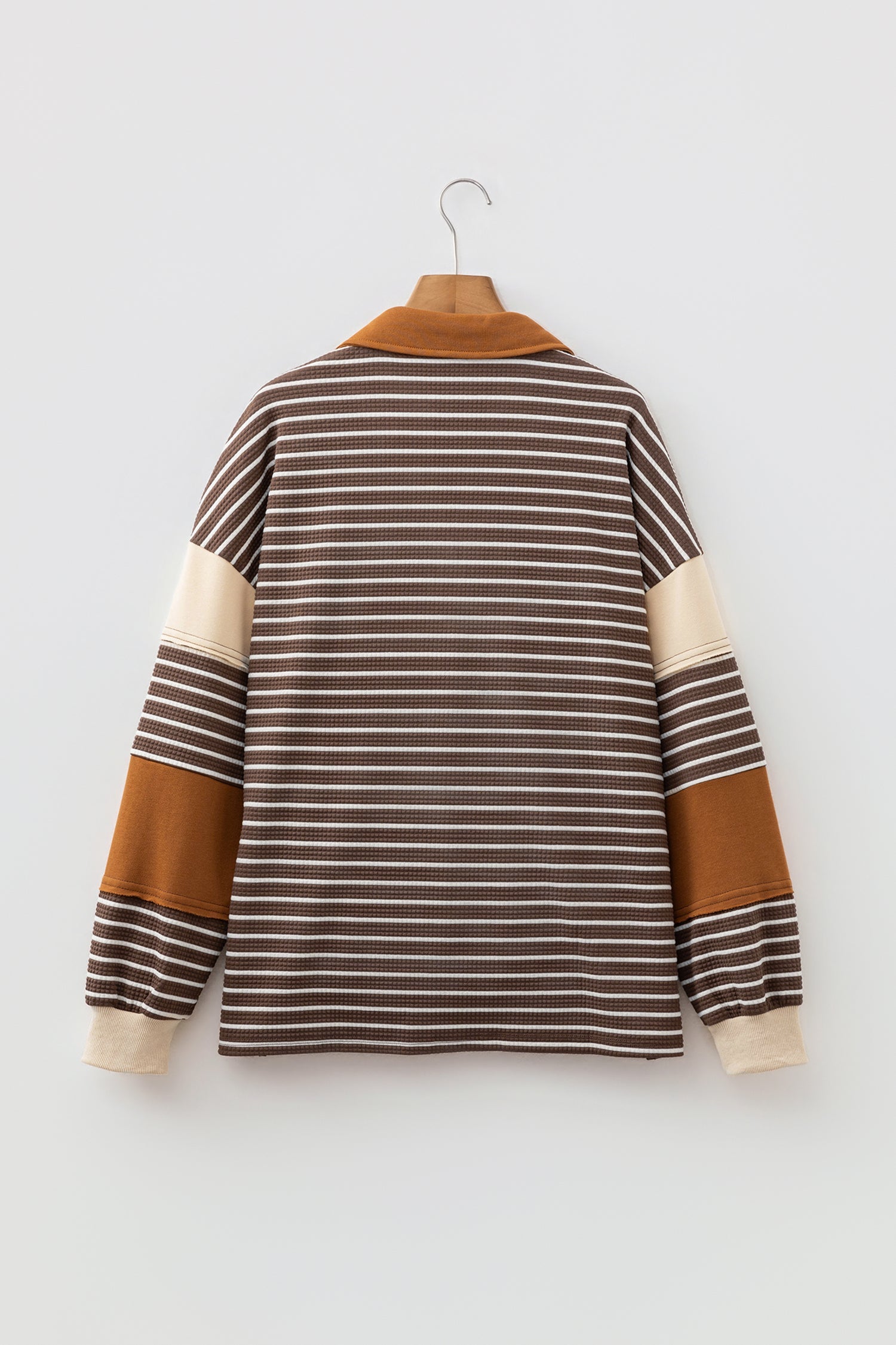 Brown Stripe Colorblock Collared V-Neck Long Sleeve Top featuring boutique-style details and relaxed everyday fit