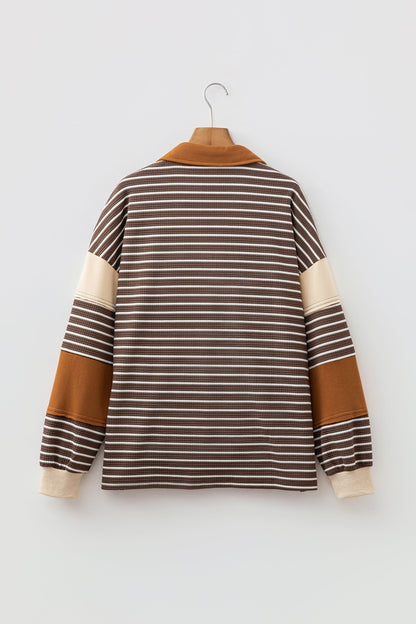 Brown Stripe Colorblock Collared V-Neck Long Sleeve Top featuring boutique-style details and relaxed everyday fit