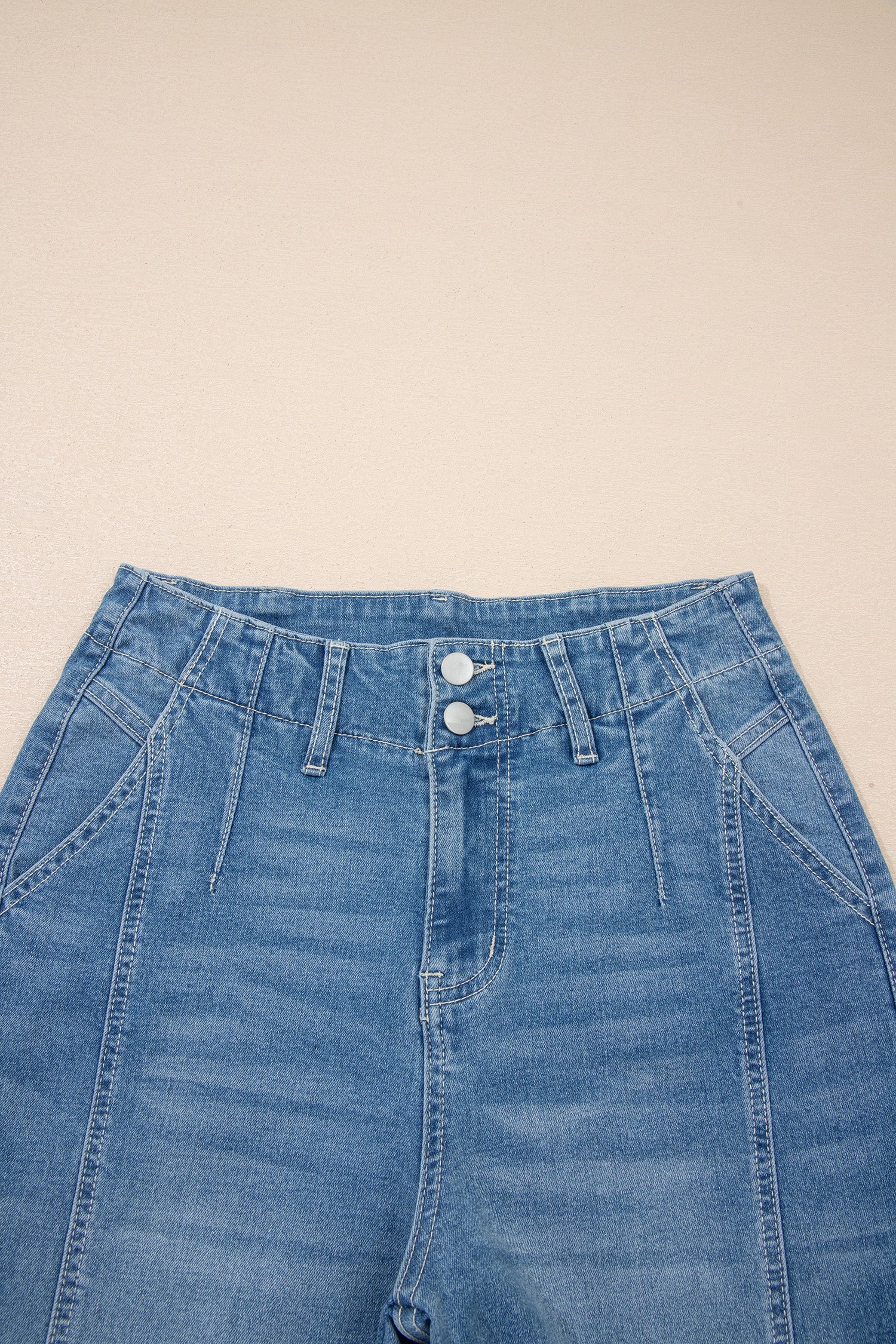 Sky Blue medium wash high waist barrel leg jeans with medium wash denim, high waist and relaxed barrel-leg silhouette, women’s boutique fashion