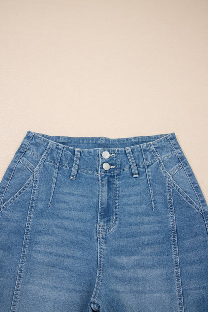 Sky Blue medium wash high waist barrel leg jeans with medium wash denim, high waist and relaxed barrel-leg silhouette, women’s boutique fashion