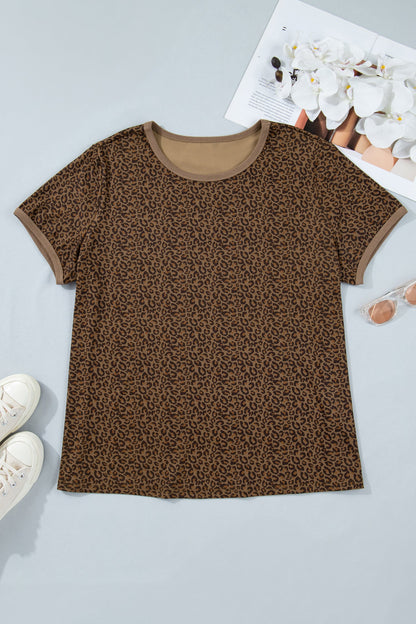 Plus Size Leopard Ribbed Trim Short Sleeve Tee Pretty Bash women's boutique top from Mollie Mae Boutique