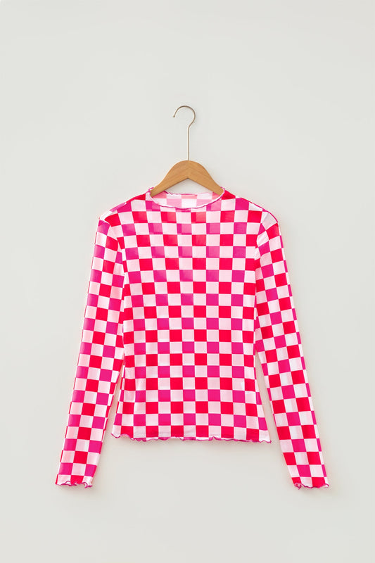 Rose Checkered Sheer Mesh Top with a sheer checkered mesh design with a flattering fitted silhouette, boutique fashion