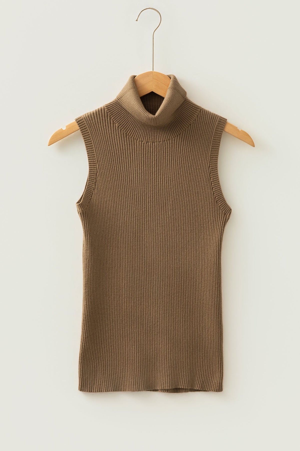 light French beige ribbed knit sleeveless turtleneck boutique top
