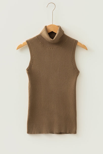 light French beige ribbed knit sleeveless turtleneck boutique top