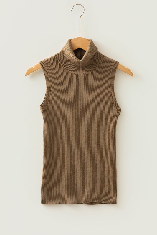 light French beige ribbed knit sleeveless turtleneck boutique top