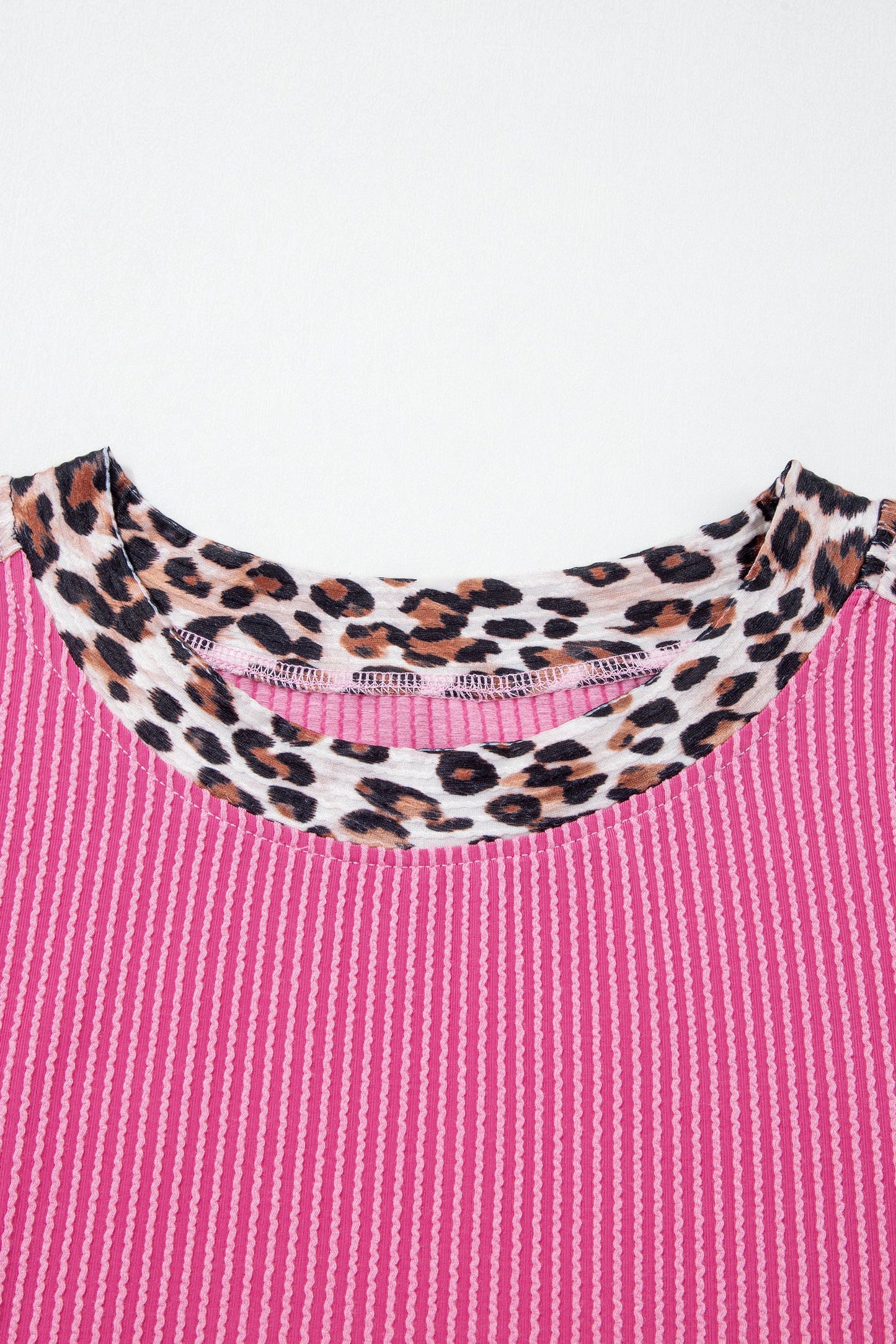 Sachet pink corded knit top and shorts set with leopard trim accents and relaxed boutique loungewear style