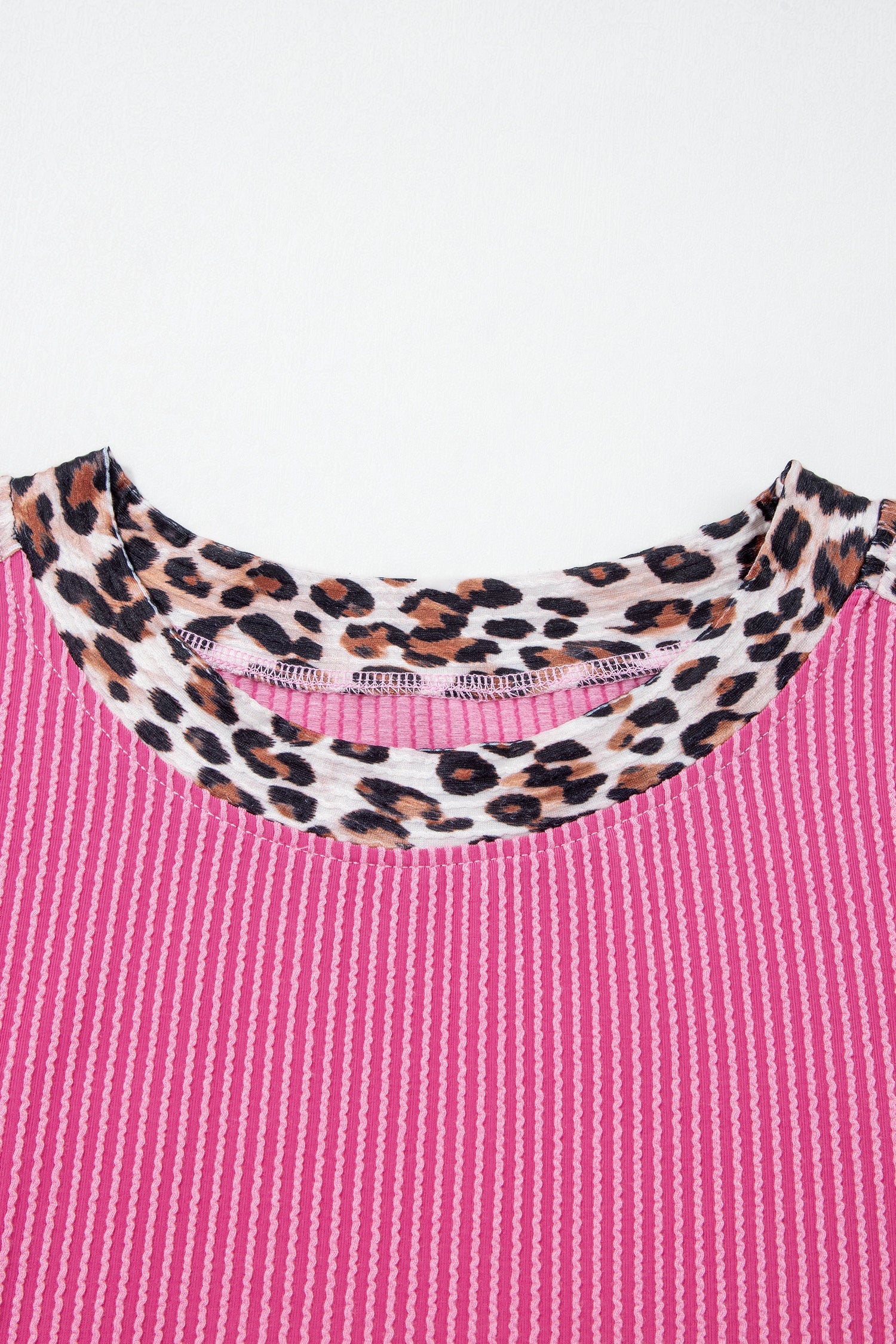Sachet pink corded knit top and shorts set with leopard trim accents and relaxed boutique loungewear style