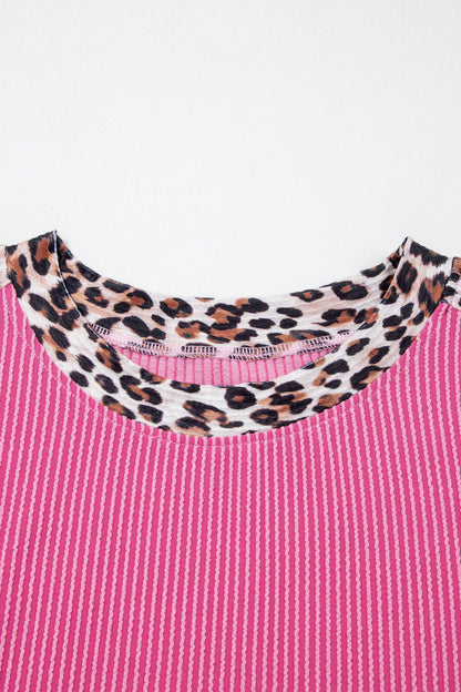Sachet pink corded knit top and shorts set with leopard trim accents and relaxed boutique loungewear style