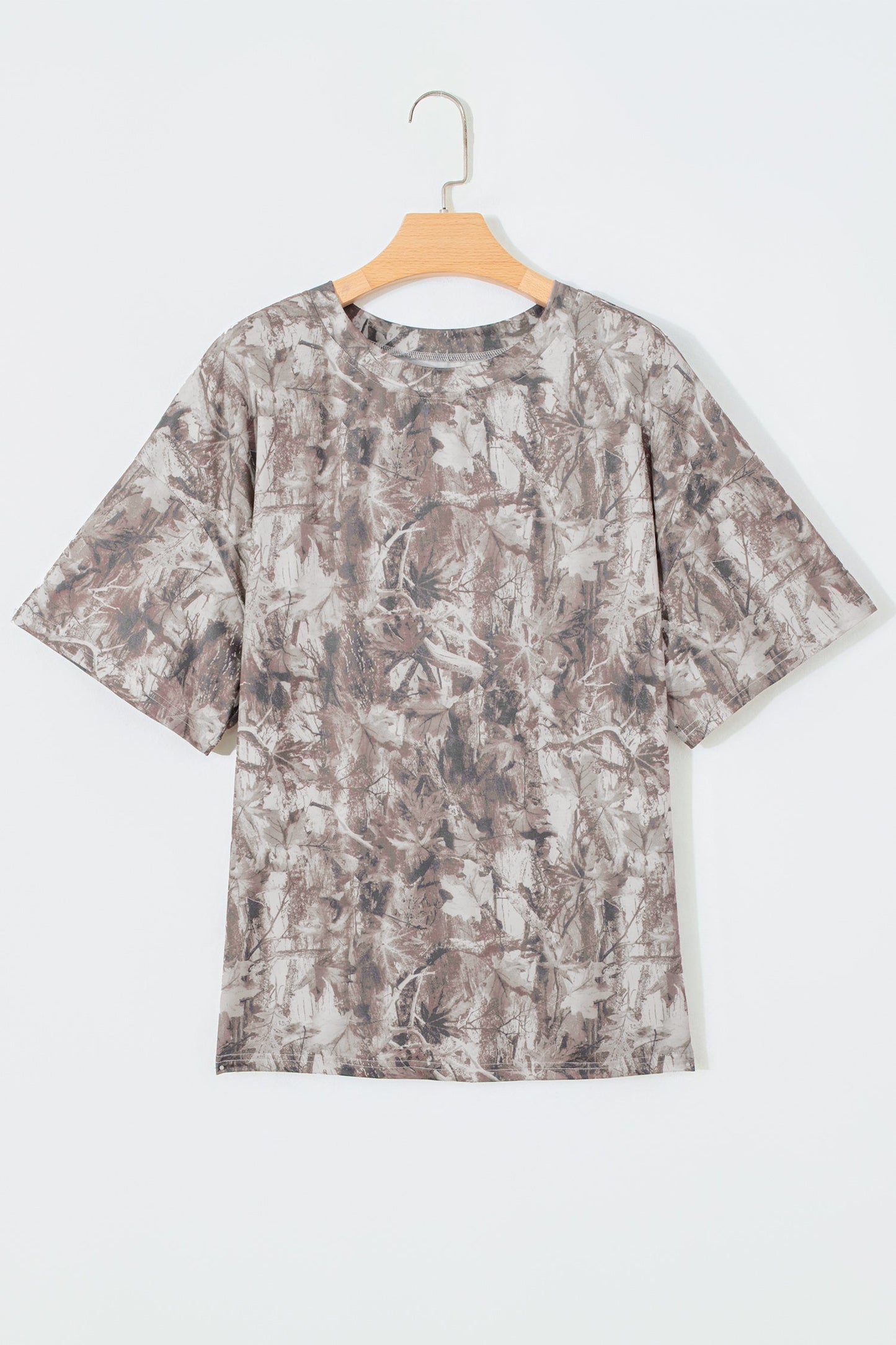 Plus size khaki woodland camouflage short sleeve drop shoulder T-shirt with relaxed fit