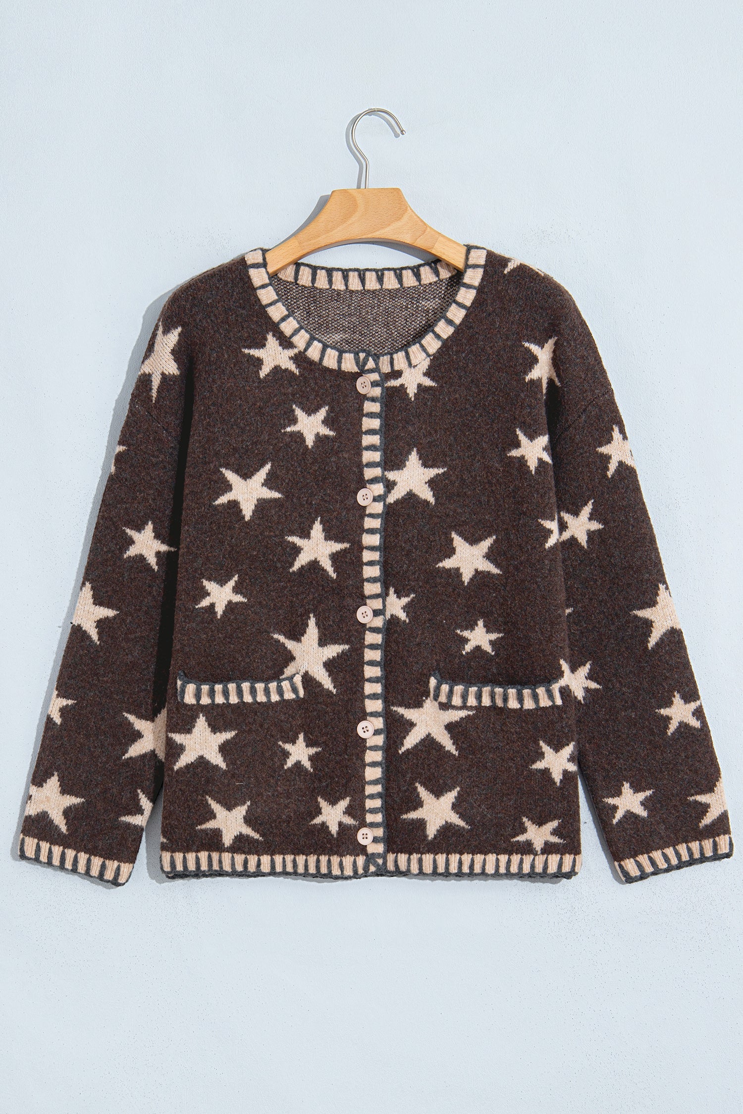 Brown Star Stripe Trim Long Sleeve Open Front Cardigan women's boutique fashion