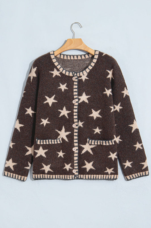 Brown Star Stripe Trim Long Sleeve Open Front Cardigan women's boutique fashion