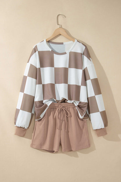 Khaki Checker Long Sleeve Top & Drawstring Shorts Set featuring boutique-style details and relaxed everyday fit
