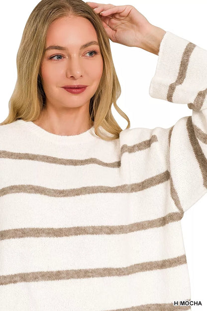 Mocha wool blend striped sweater with horizontal stripes, long sleeves, relaxed boutique style view 5