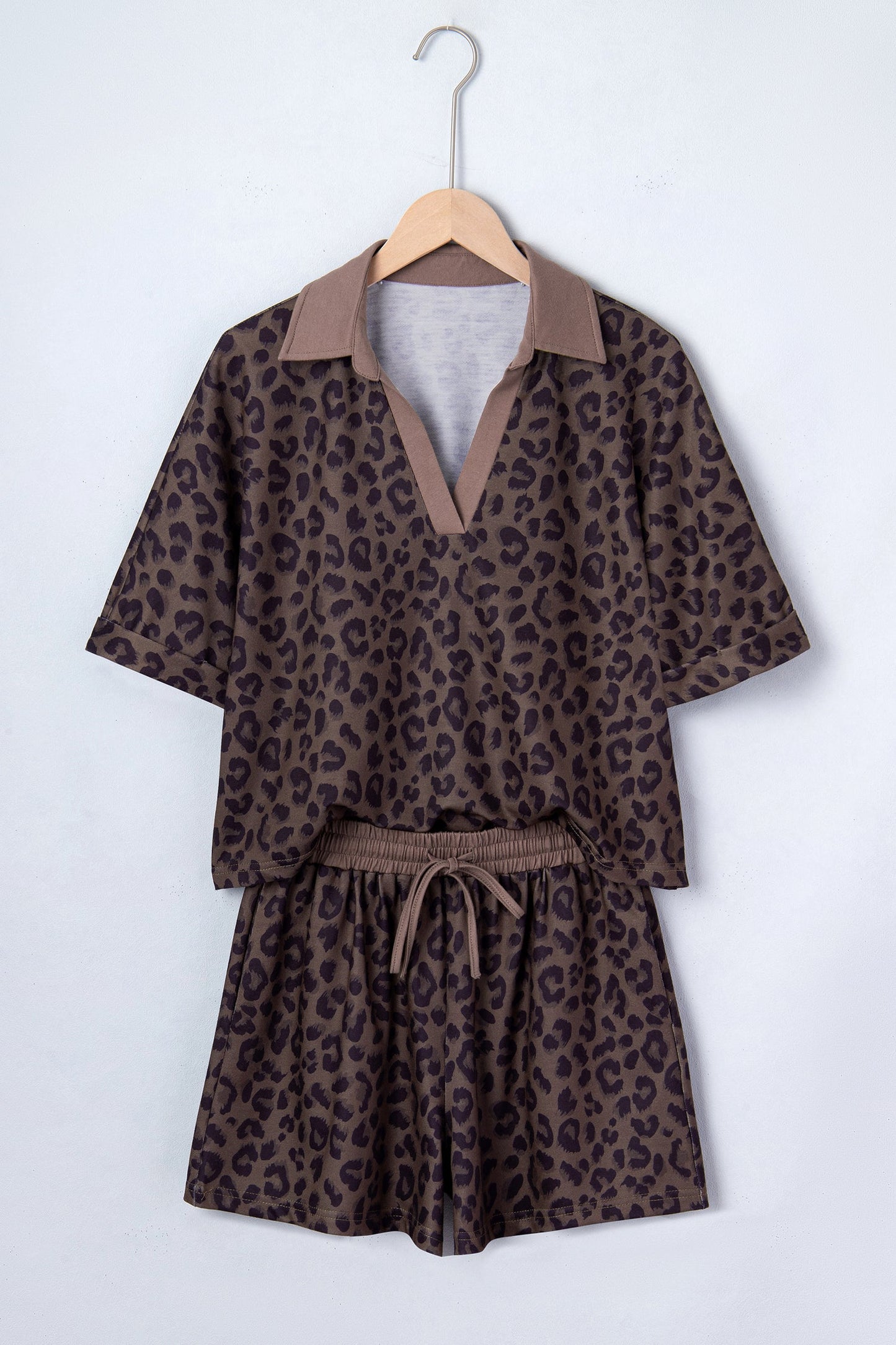Brown leopard print collared V-neck top and matching shorts set boutique outfit