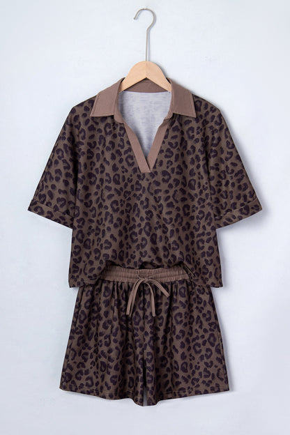 Brown leopard print collared V-neck top and matching shorts set boutique outfit