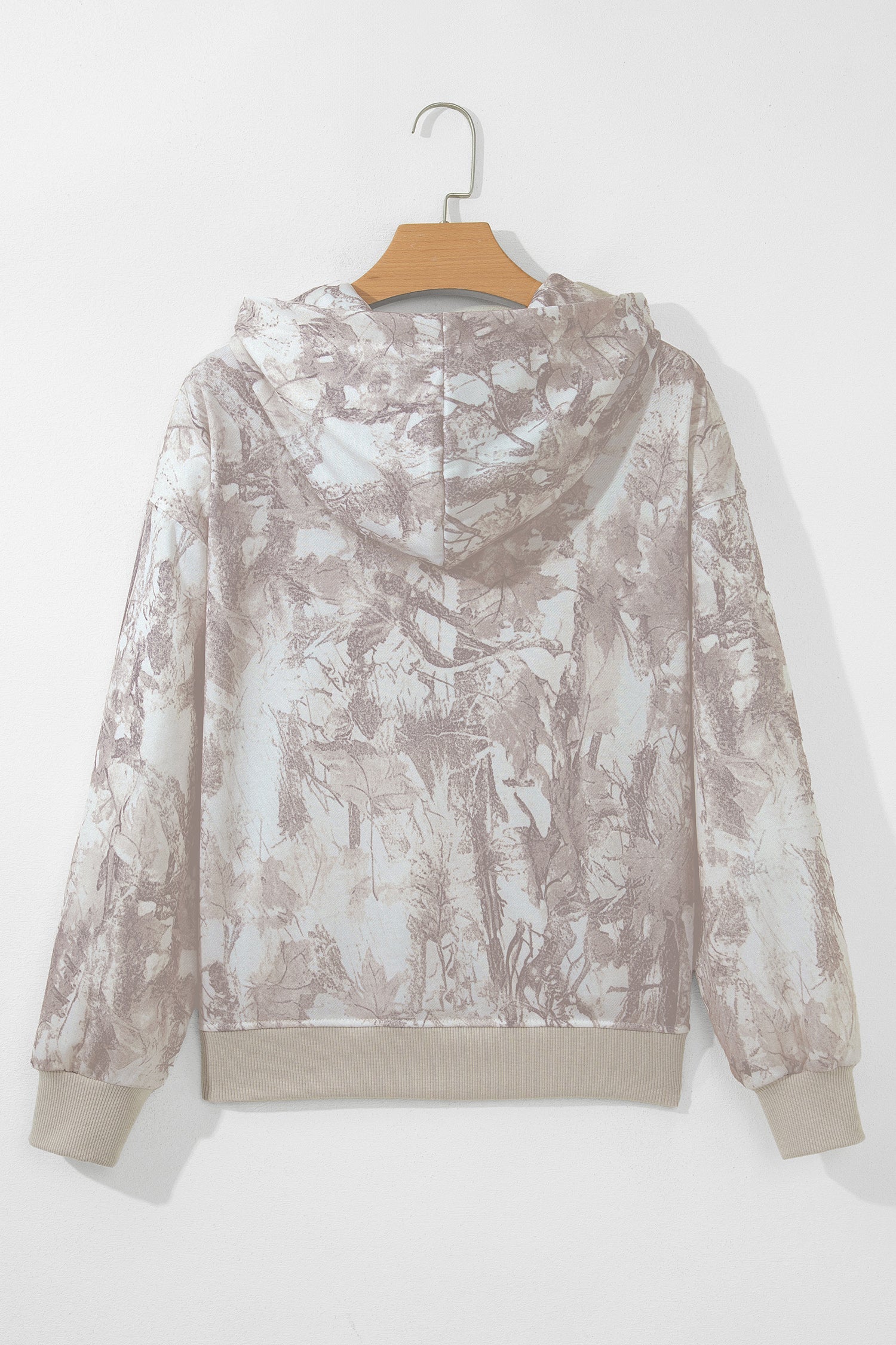 Gray Abstract Camo Ribbed Trim Kangaroo Pocket Hoodie with camo print and kangaroo pocket women's boutique fashion