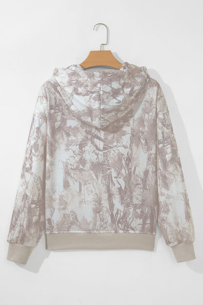 Gray Abstract Camo Ribbed Trim Kangaroo Pocket Hoodie with camo print and kangaroo pocket women's boutique fashion