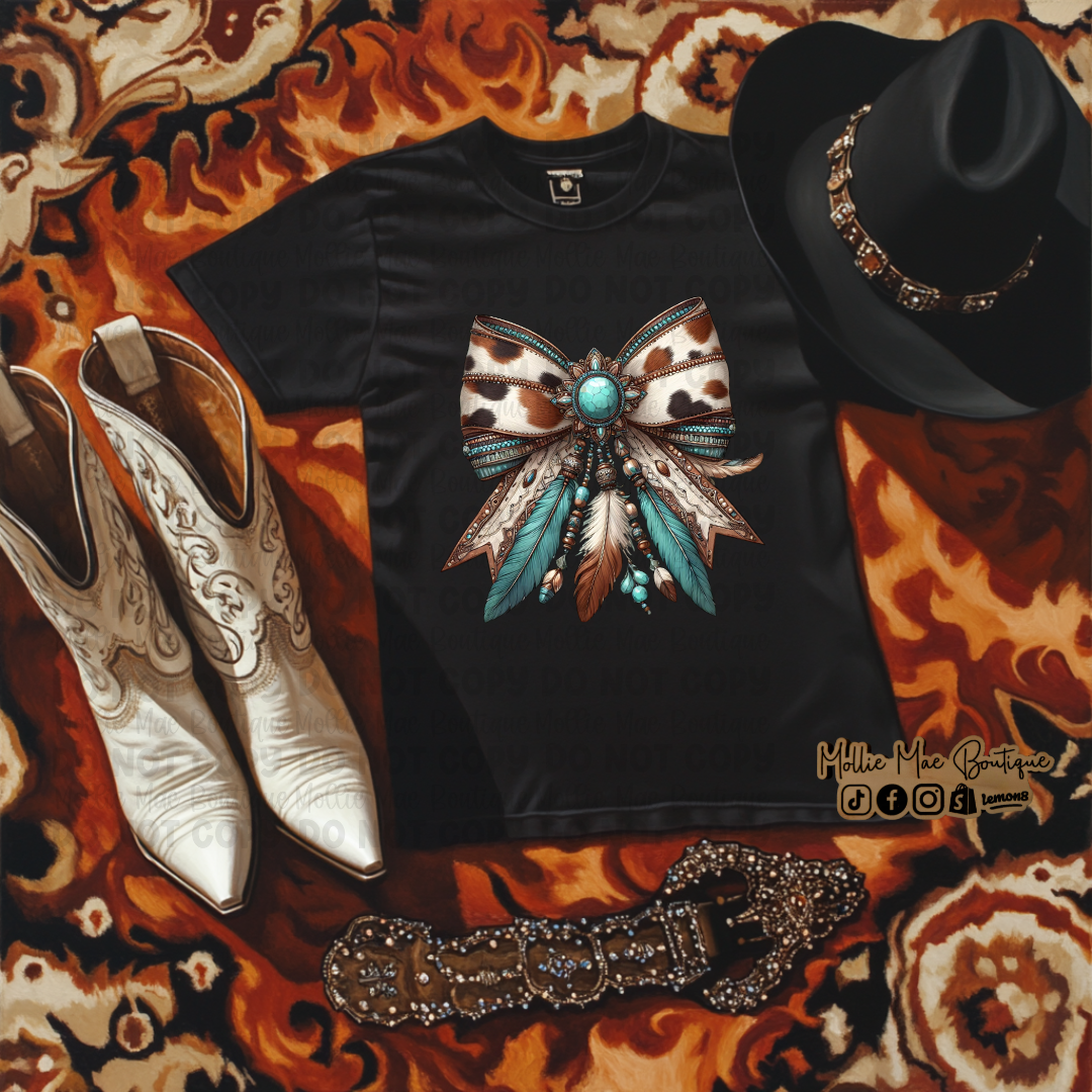 Cow Print, Feathers and Turquoise Bow