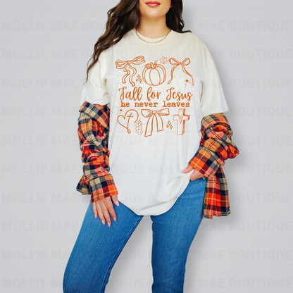 Fall for Jesus He Never Leaves – Doodle Graphic Tee