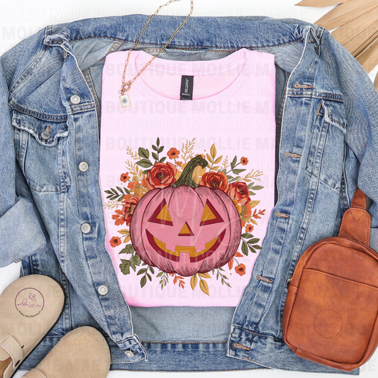 Pink Floral Jack O’ Lantern Graphic Tee – Gildan Light Pink