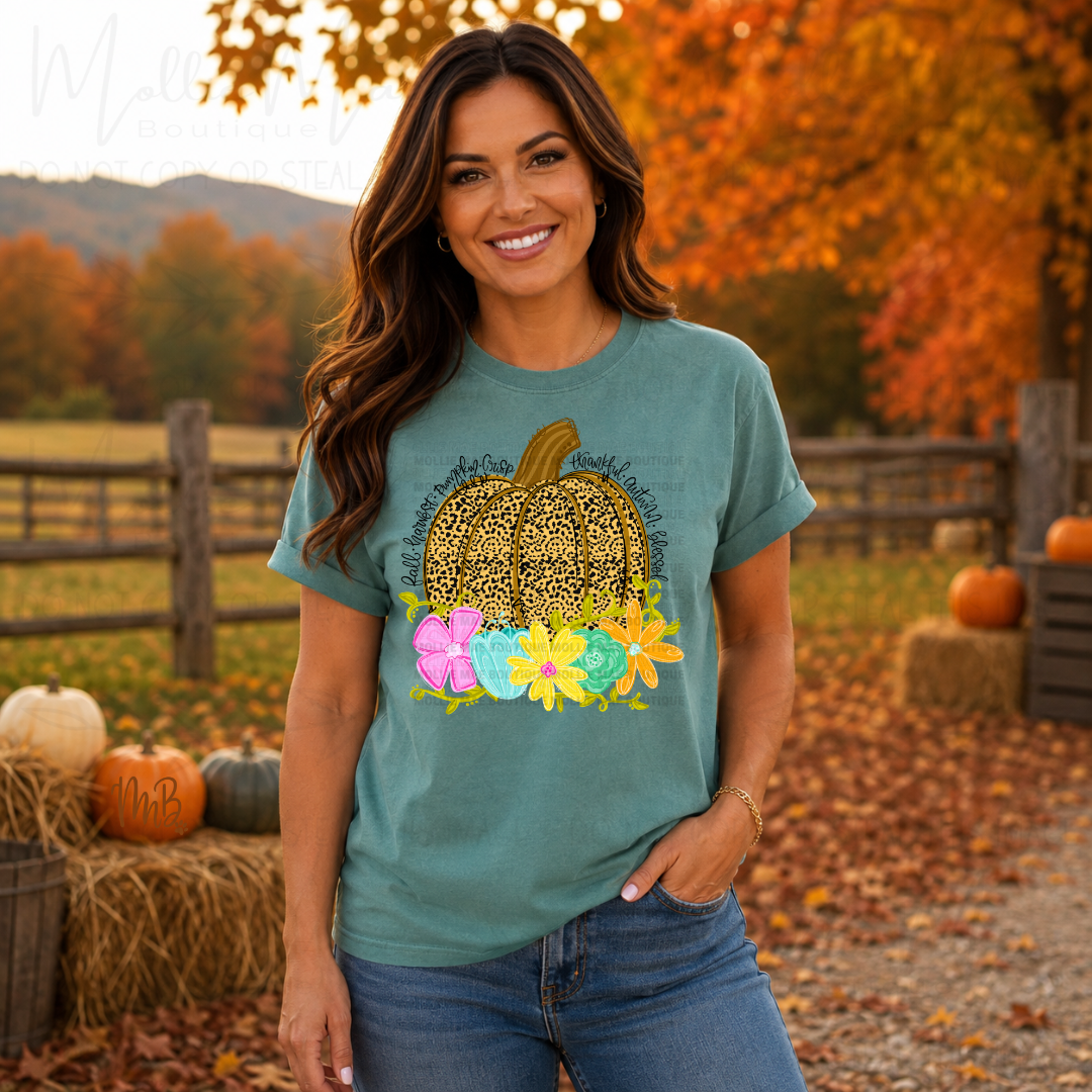 Leopard Pumpkin & Colorful Florals Comfort Colors Graphic Tee