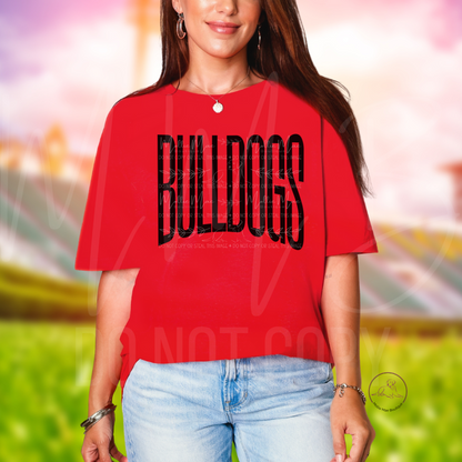 BULLDOGS Graphic Tee – Oversized Athletic Font | Red or Black Gildan