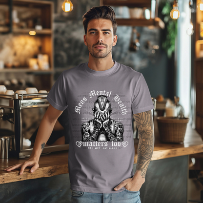 Man wearing a Men’s Mental Health Matters Too graphic t-shirt with tattoo-style artwork and bold mental health awareness message